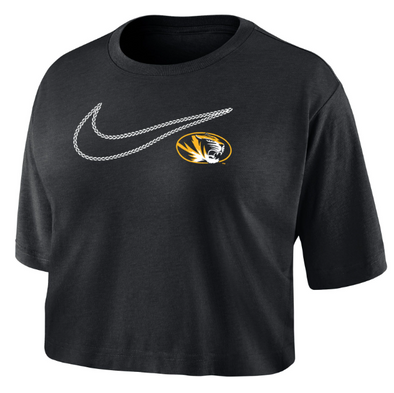 Mizzou Tigers Nike® 2024 Juniors Big Swoosh Chainstitch Oval Tiger Head Black Crop Top