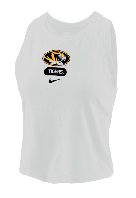 Mizzou Tigers Nike® 2024 Oval Tiger Head Juniors White Crop Top Tank Top