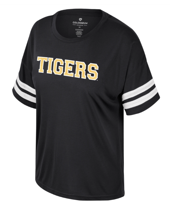 Mizzou Tigers Colosseum Women's Treasure Oversize Gold Sequins Tigers Black T-Shirt