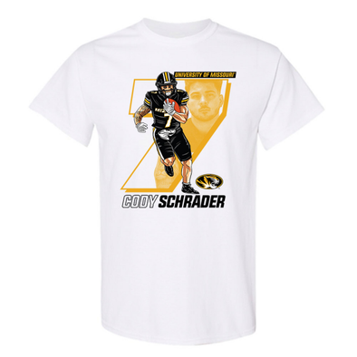 Mizzou Tigers NIL Cody Schrader 7 Oval Tiger Head White T-Shirt