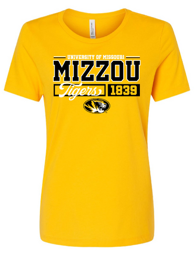 Mizzou Tigers Women's Bella Relaxed Athletic Script Est. 1839 Oval Tiger Head Gold T-Shirt