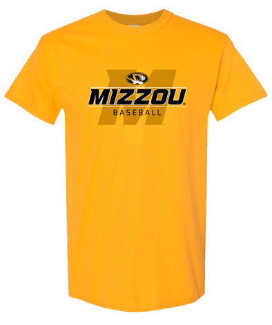 Mizzou Tigers 2024 Baseball Block M Oval Tiger Head Gold T-Shirt