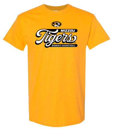 Mizzou Tigers Oval Tiger Head Tigers Script Gold Women's Basketball T-Shirt
