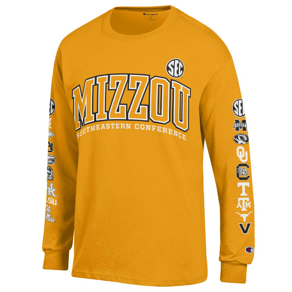 Mizzou Tigers Champion® SEC All Teams on Sleeves Gold Long Sleeve T-Shirt