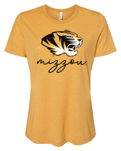 Mizzou Tigers Women's Tiger Head Relaxed Bella Mizzou Script Mustard Gold T-Shirt