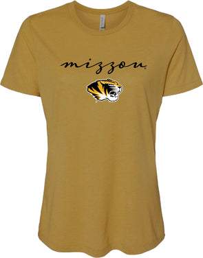 Mizzou Tigers Ladies Tiger Head Mizzou Script Relaxed Bella Mustard Gold T-Shirt