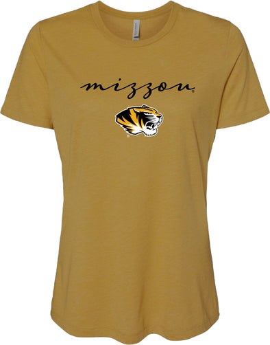 Mizzou Tigers Ladies Tiger Head Mizzou Script Relaxed Bella Mustard Gold T-Shirt