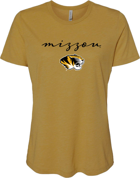 Mizzou Tigers Ladies Tiger Head Mizzou Script Relaxed Bella Mustard Gold T-Shirt