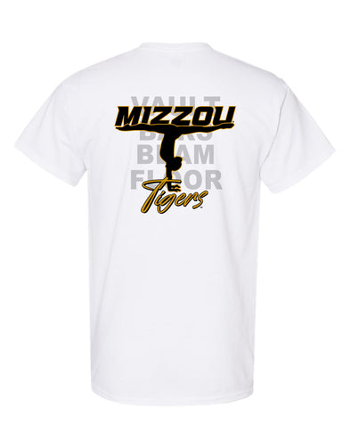 Mizzou Tigers Gymnastics Vault, Bars, Beam, and Floor Gymnast Tigers White T-Shirt