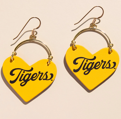 Mizzou Tigers Nickel and Suede Tigers Script Heart Earrings