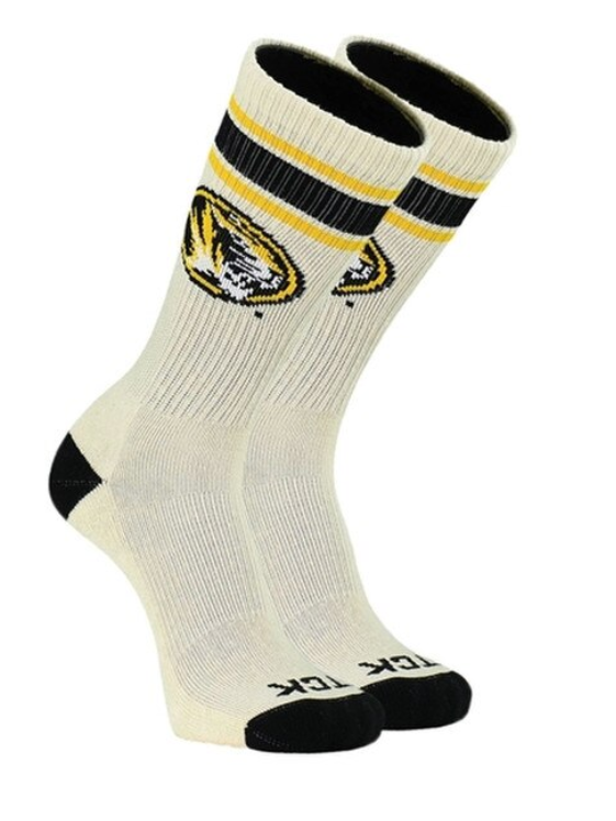 Mizzou Tigers Vintage Oval Tiger Head Cream and White Striped Crew Socks