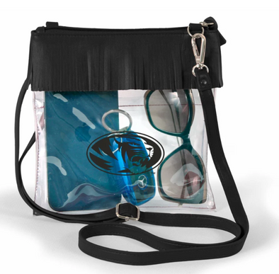 Mizzou Tigers Oval Tiger Head Clear Crossbody Purse with Black Fringe