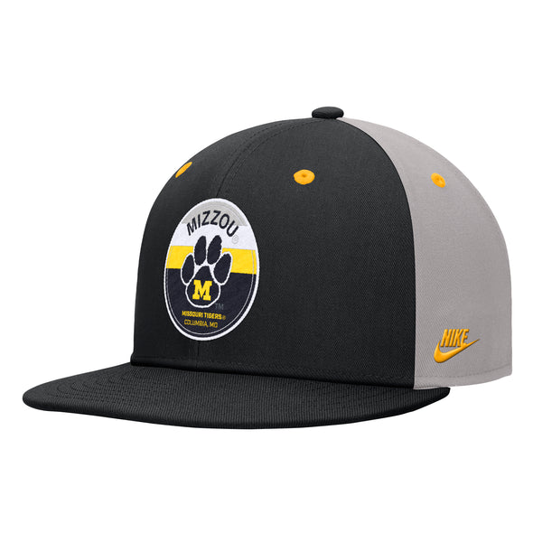 Mizzou Tigers Nike® 2025 Fan Vault Paw M Logo Patch Flat Bill Snapback Black and Grey Hat