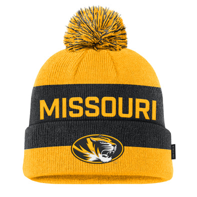 Mizzou Tigers Nike® 2025 Sideline Cuff Pom Oval Tiger Head Black and Gold Beanie