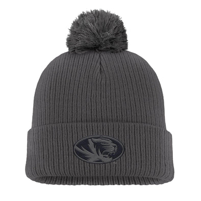 Mizzou Tigers Nike® 2025 Fan Peak Cuff Pom Oval Tigers Head Tigers Dark Heather Grey Beanie