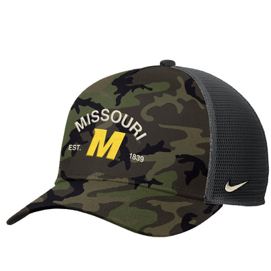Mizzou Tigers Nike® 2025 Military Appreciation Rise Trucker Mesh Snapback Camo and Black Hat