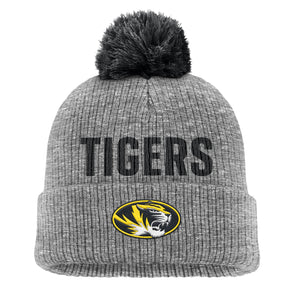 Mizzou Tigers Nike® 2025 Fan Peak Cuff Pom Tigers Oval Tiger Head Heather Grey Beanie