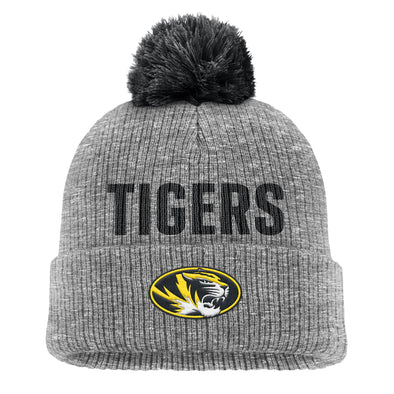 Mizzou Tigers Nike® 2025 Fan Peak Cuff Pom Tigers Oval Tiger Head Heather Grey Beanie
