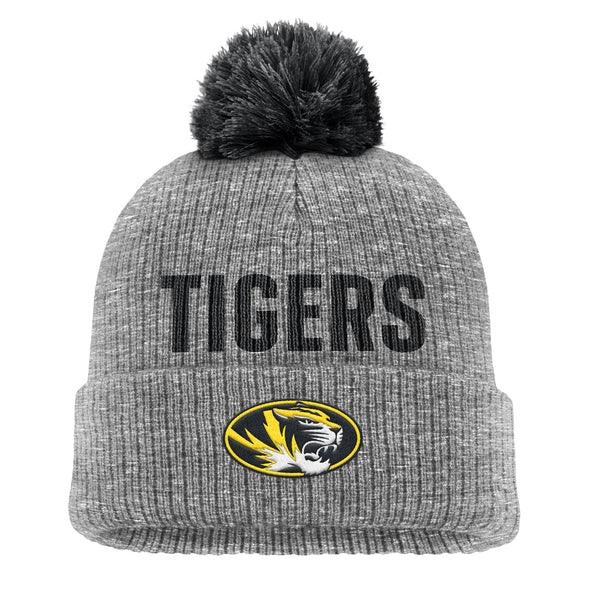 Mizzou Tigers Nike® 2025 Fan Peak Cuff Pom Tigers Oval Tiger Head Heather Grey Beanie