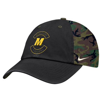 Mizzou Tigers Nike® 2025 Military Appreciation Club Adjustable Bold M Black and Camo Hat