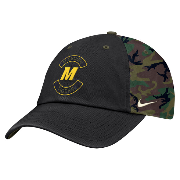 Mizzou Tigers Nike® 2025 Military Appreciation Club Adjustable Bold M Black and Camo Hat