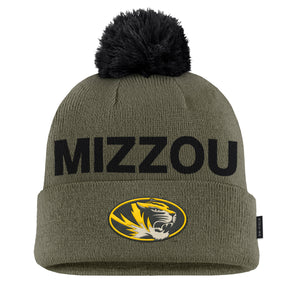 Mizzou Tigers Nike® 2025 Military Appreciation Peak Cuff Pom Mizzou Oval Tiger Head Green Beanie