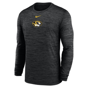 Mizzou Tigers Nike® 2025 Velocity Sideline Tigers Bold Font Oval Tiger Head Dri-Fit Black Heather Long Sleeve T-Shirt
