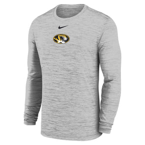 Mizzou Tigers Nike® 2025 Velocity Sideline Tigers Bold Font Oval Tiger Head Dri-Fit Ash Grey Long Sleeve T-Shirt