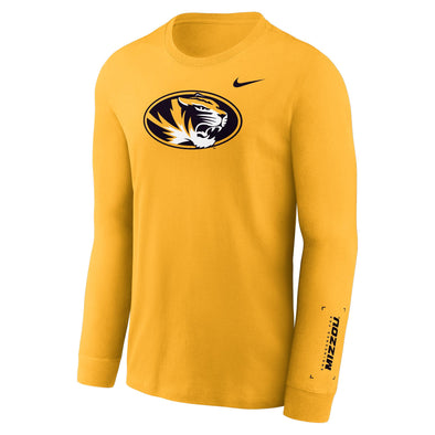 Mizzou Tigers Nike® 2025 Basketball Authentics Legend Practice Oval Tiger Head Gold Long Sleeve Dri-Fit T-Shirt