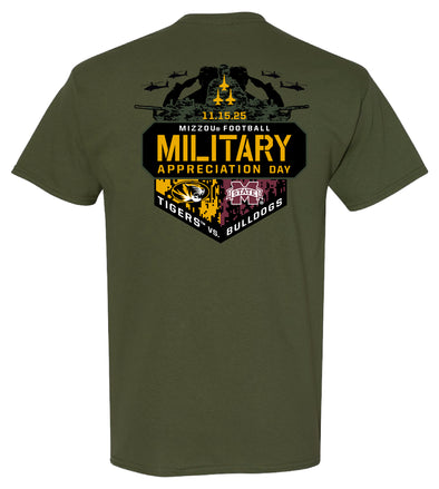 Mizzou Tiger Official MU vs Mississippi State Military Appreciation Game Day Olive Green T-Shirt