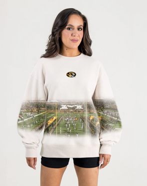 Mizzou Tigers Women's Gameday Couture Football Field Landscape White Crew Neck Sweatshirt