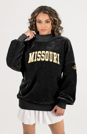 Mizzou Tigers Women's Gameday Couture Funnel Mock Neck Oval Tiger Head Chenille Black Sweatshirt