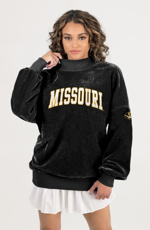 Mizzou Tigers Women's Gameday Couture Funnel Mock Neck Oval Tiger Head Chenille Black Sweatshirt