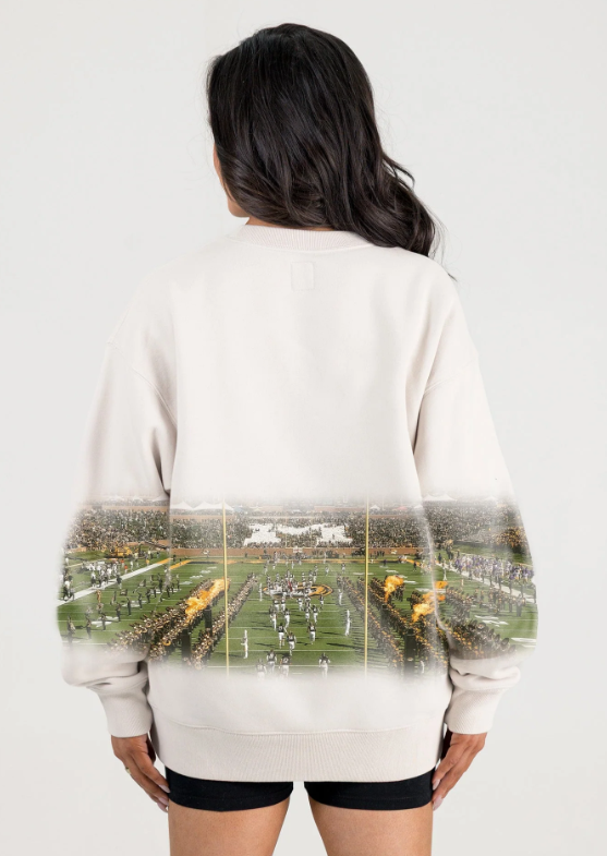 Mizzou Tigers Women's Gameday Couture Football Field Landscape White Crew Neck Sweatshirt