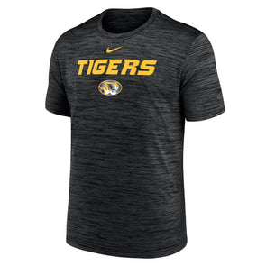 Mizzou Tigers Nike® 2025 Velocity Sideline Tigers Bold Font Oval Tiger Head Dri-Fit Black Heather T-Shirt