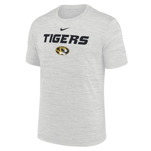 Mizzou Tigers Nike® 2025 Velocity Sideline Tigers Bold Font Oval Tiger Head Dri-Fit Ash Grey Heather T-Shirt
