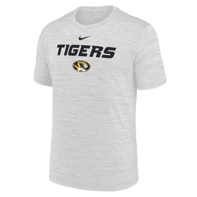 Mizzou Tigers Nike® 2025 Velocity Sideline Tigers Bold Font Oval Tiger Head Dri-Fit Ash Grey Heather T-Shirt