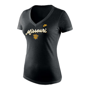 Mizzou Tigers Nike® 2025 Women's Tri Blend V-Neck Missouri Script Vault Beanie Tiger Black T-Shirt