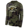 Mizzou Tigers Nike® 2025 Military Appreciation Legend Oval Tiger Head Flag Sleeve Camo Long Sleeve T-Shirt