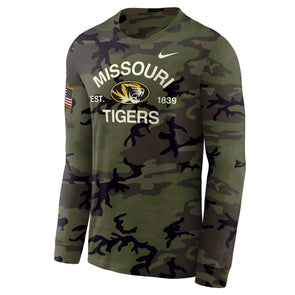 Mizzou Tigers Nike® 2025 Military Appreciation Legend Oval Tiger Head Flag Sleeve Camo Long Sleeve T-Shirt