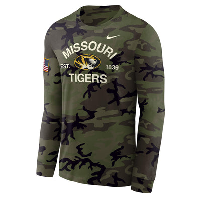 Mizzou Tigers Nike® 2025 Military Appreciation Legend Oval Tiger Head Flag Sleeve Camo Long Sleeve T-Shirt