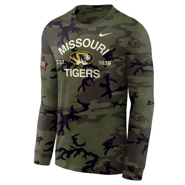 Mizzou Tigers Nike® 2025 Military Appreciation Legend Oval Tiger Head Flag Sleeve Camo Long Sleeve T-Shirt