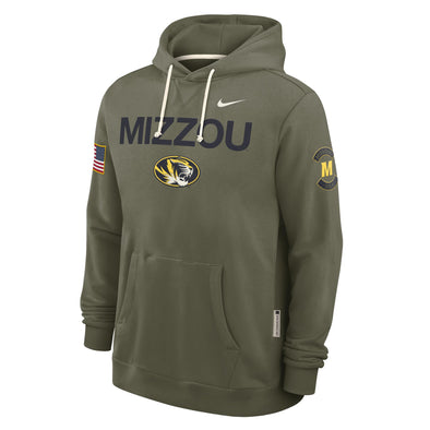 Mizzou Tigers Nike® 2025 Military Appreciation Oval Tiger Head Flag on Sleeve Green Hoodie
