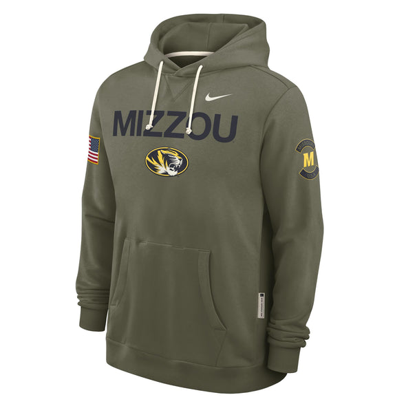 Mizzou Tigers Nike® 2025 Military Appreciation Oval Tiger Head Flag on Sleeve Green Hoodie