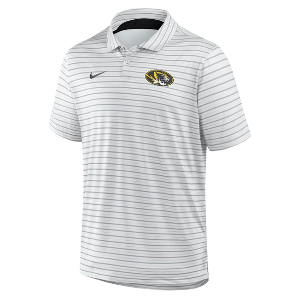 Mizzou Tigers Nike® 2025 Basketball Authentics Oval Tiger Head White and Grey Striped Polo
