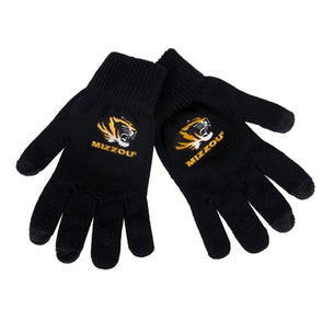 Mizzou Tiger Head UText Black Knit Gloves