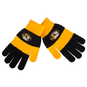Mizzou Oval Tiger Head Black & Gold Rugby Stripe Gloves