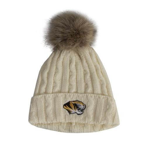 Mizzou Tiger Head Cable Knit Faux Fur Pom Cream Beanie
