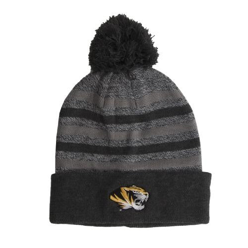 Mizzou Tiger Head Marled Stripe Knit Grey Beanie with Cuff and Pom