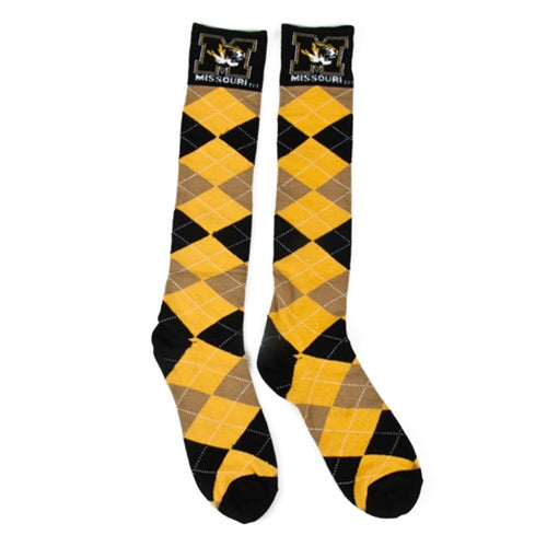 Mizzou Tiger Head Black & Gold Argyle Socks